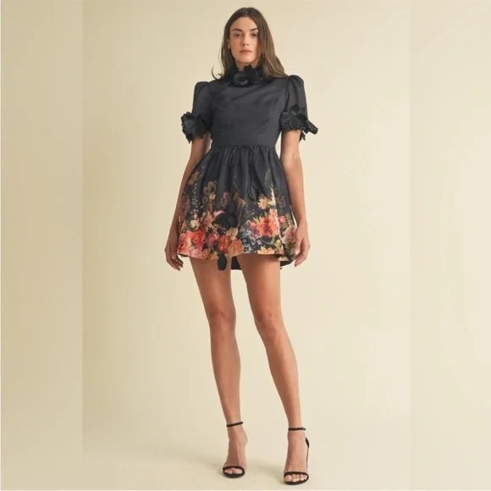 NWOT 3D floral trim high neck short sleeve mini dress